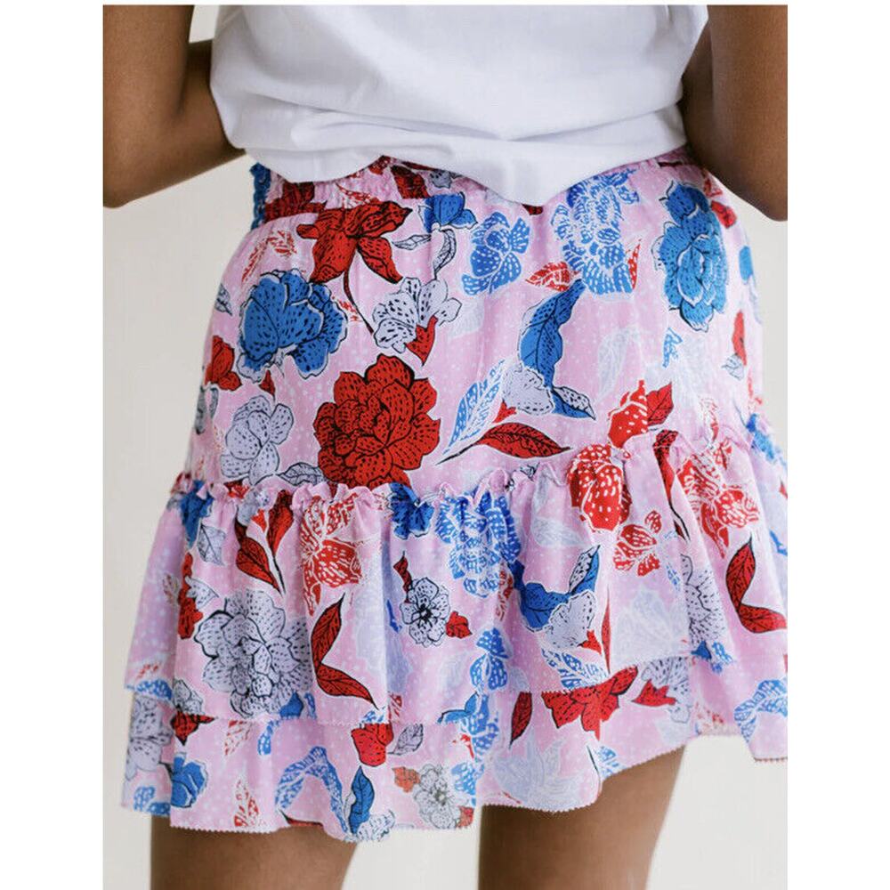 NWT Steve Madden XS Mini Skirt Pink Ruffle Maya Floral Beach Coastal Whimsy - Picture 3 of 8